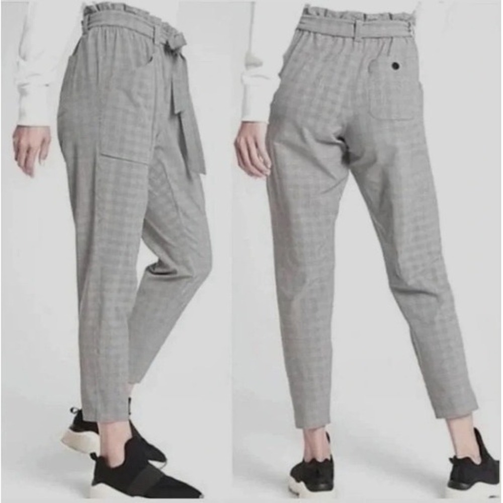Athleta Plaid Skyline Pant Grey Paperbag Waist Tapered Leg Trousers Size 12